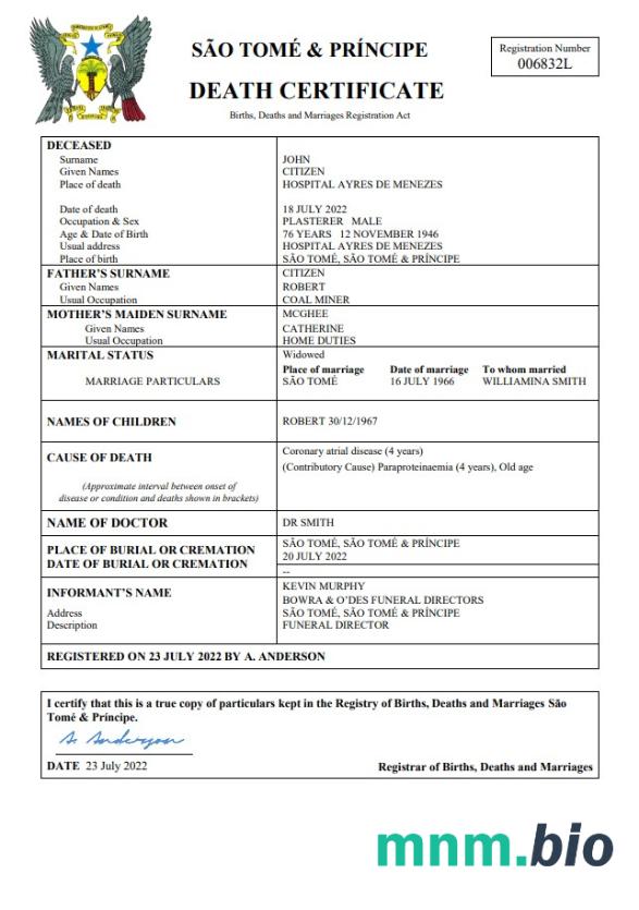 Sao Tome and Principe rekord życiowy śmierć certyfikat Word i PDF szablon